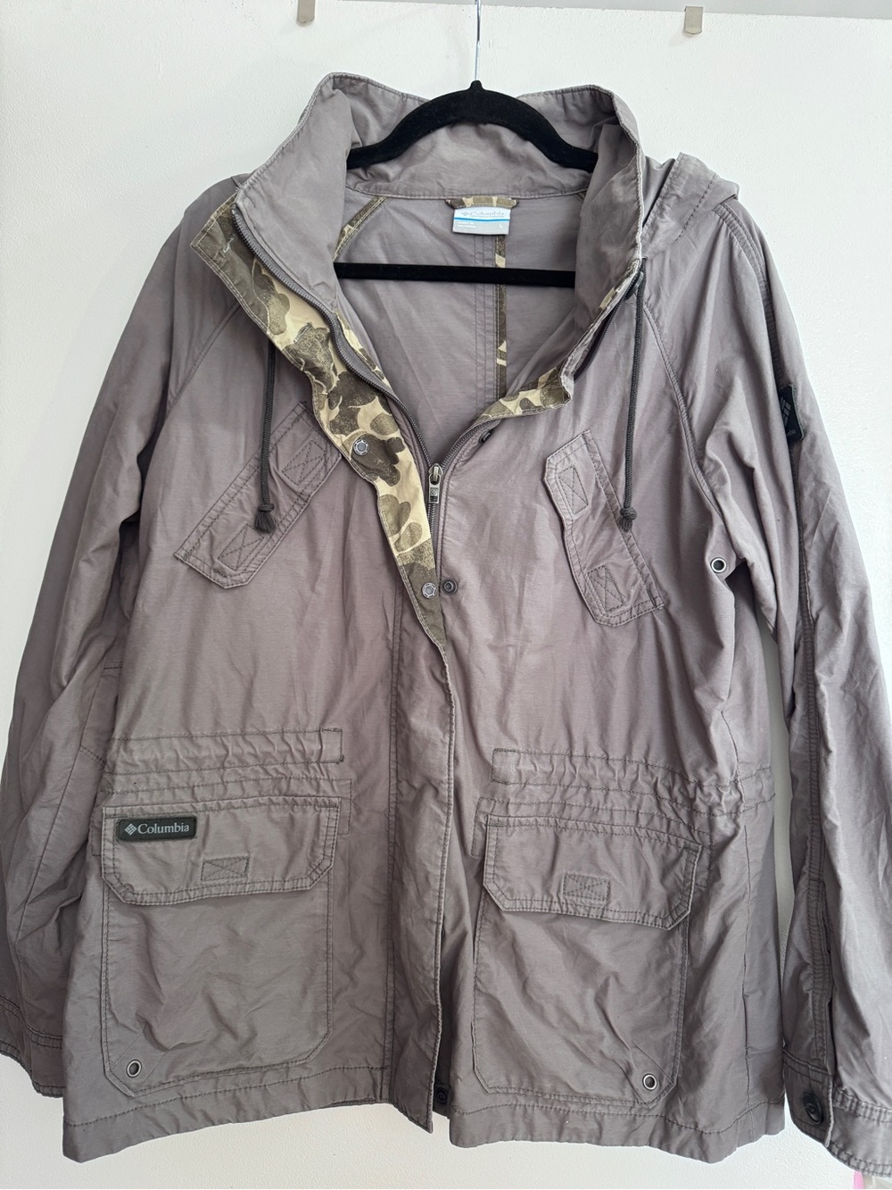 Columbia Taupe Hooded Military Field Jacket with Camo Trim